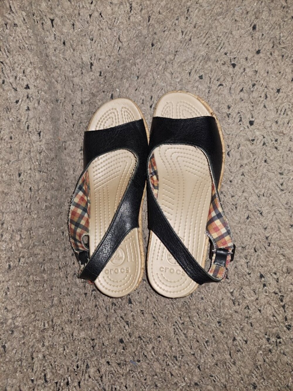 CROCS-A-Leigh Black Leather Slingback Cork Wedge Sandals-Size 7-Excellent - Picture 7 of 8